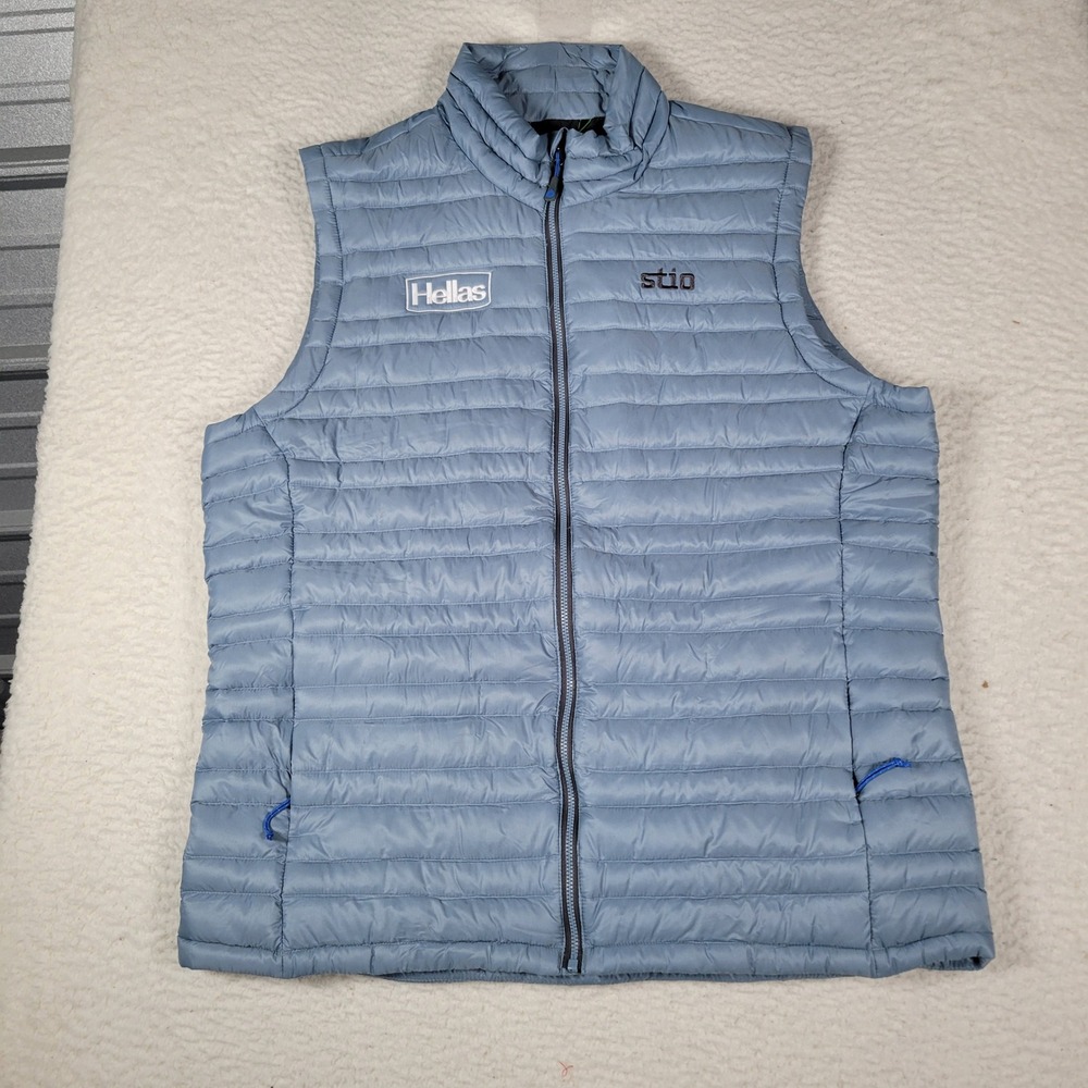 Stio Pinion Down Vest Mens Large Blue Heron 800-Fill Pertex Quantum Hellas Logo